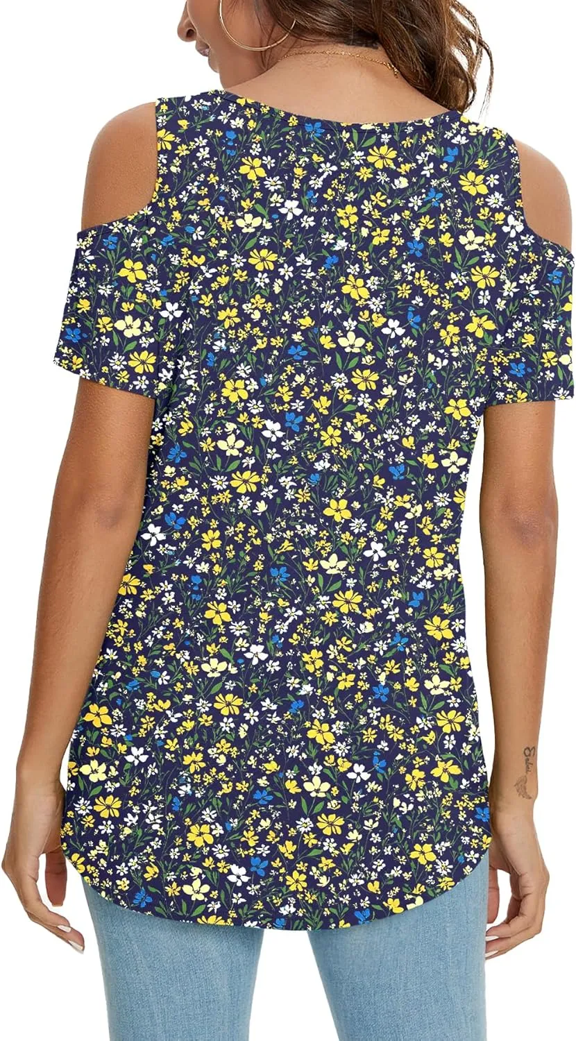 NILOUFO Womens Summer Casual Shirts Short Sleeve Cold Shoulder Tops Blouses Tunics