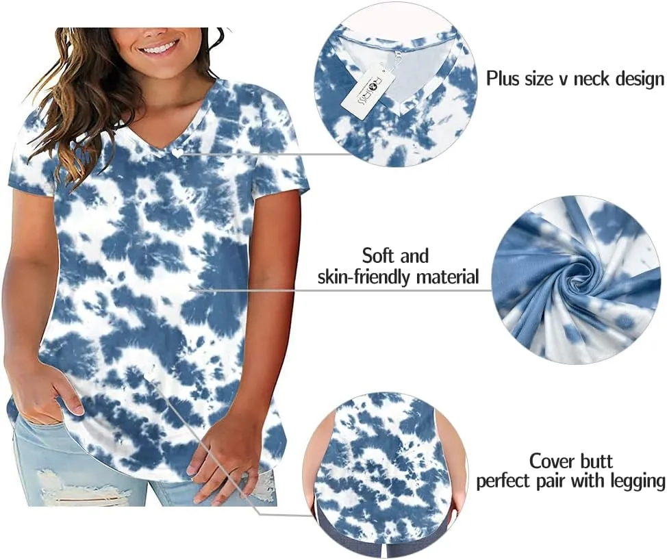 ROSRISS Plus Size Tops for Women Casual Summer T Shirts V Neck Short Sleeve Tunics
