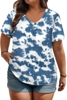 ROSRISS Plus Size Tops for Women Casual Summer T Shirts V Neck Short Sleeve Tunics