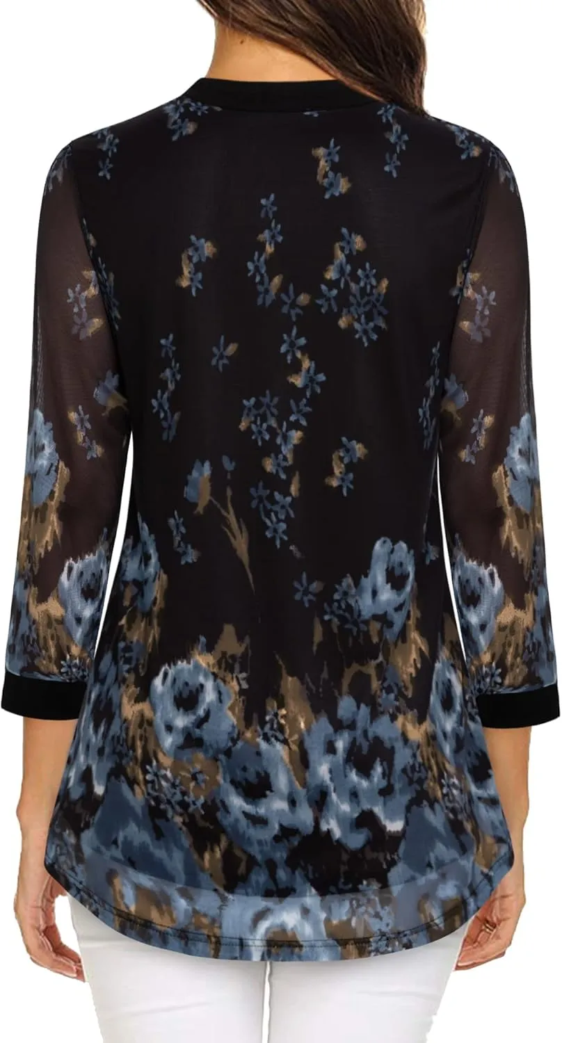 Timeson Women's 3/4 Sleeve Blouses Casual V Neck Dress Shirts Double Layers Mesh Tunics Tops