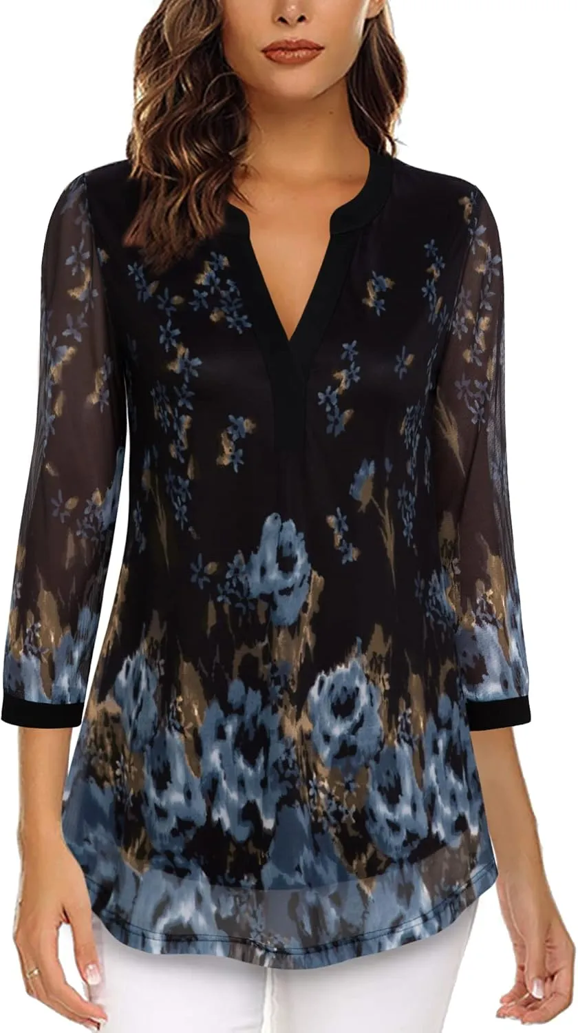 Timeson Women's 3/4 Sleeve Blouses Casual V Neck Dress Shirts Double Layers Mesh Tunics Tops