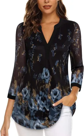 Timeson Women's 3/4 Sleeve Blouses Casual V Neck Dress Shirts Double Layers Mesh Tunics Tops