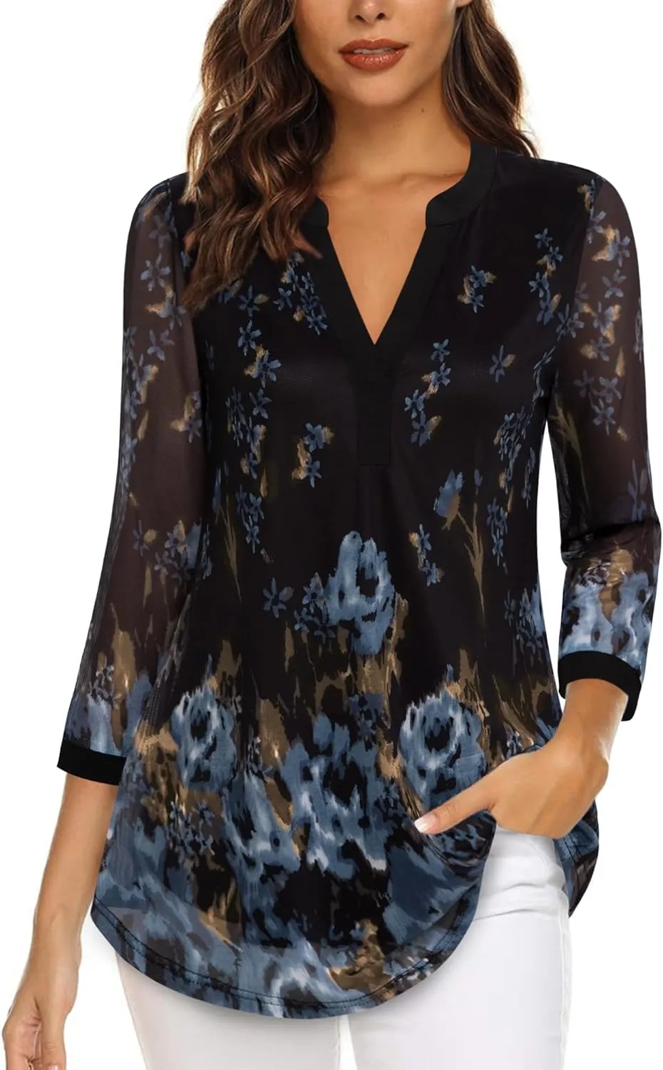 Timeson Women's 3/4 Sleeve Blouses Casual V Neck Dress Shirts Double Layers Mesh Tunics Tops