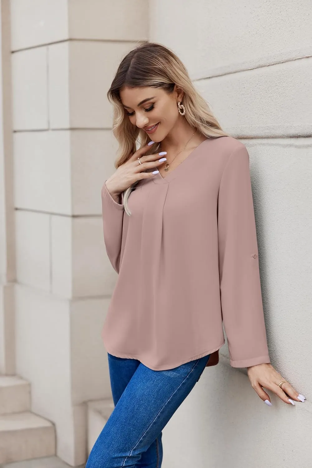 Women Business Casual Tops Blouses Dressy V Neck Chiffon Long Sleeve Work Shirts Elegant Ladies Tops