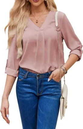 Women Business Casual Tops Blouses Dressy V Neck Chiffon Long Sleeve Work Shirts Elegant Ladies Tops