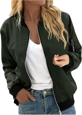 Women's Bomber Jacket 2024 Casual Fall Coats Fashion Zip Up Long Sleeve Outerwear Windbreaker with Pockets, Large
