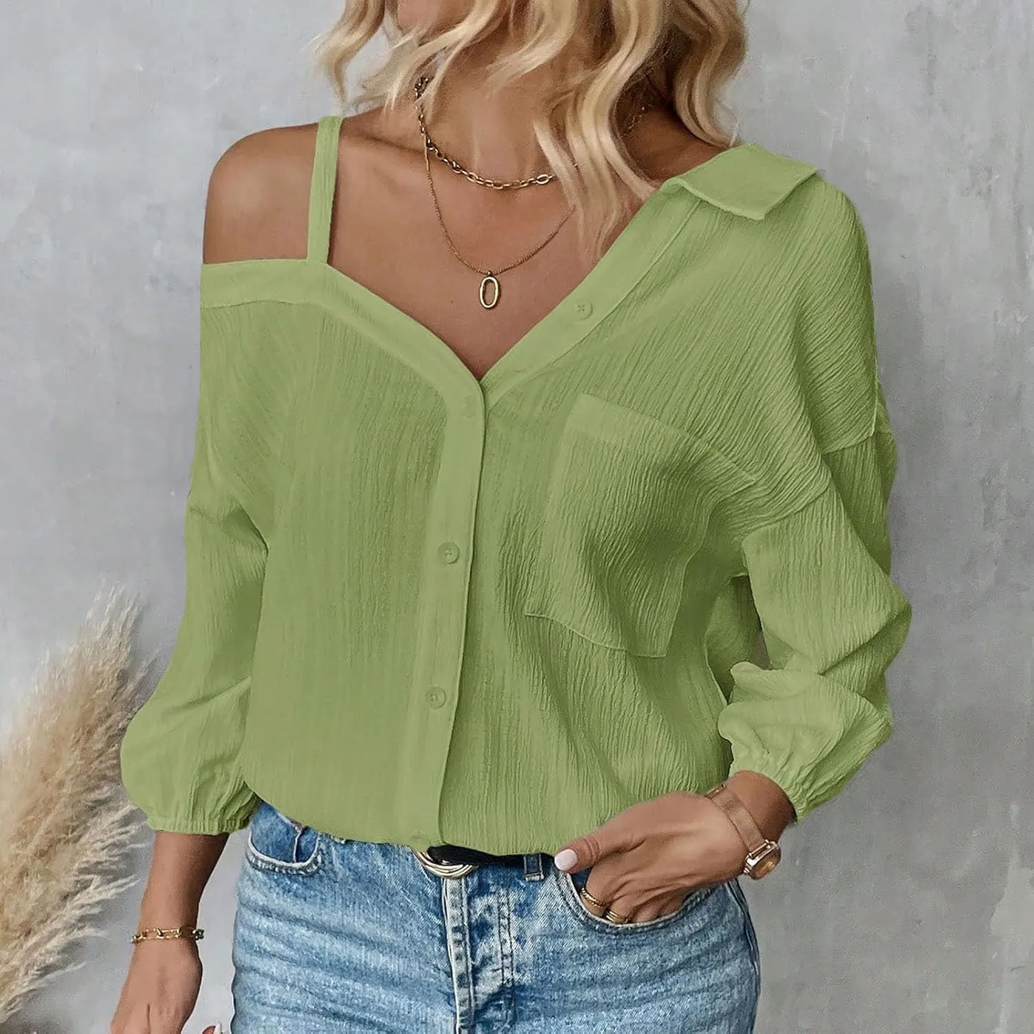 Women's Button Down Shirts Casual Summer Cold Shoulder Blouse Collared 3/4 Sleeve Oversized Tunic Tops with Pockets
