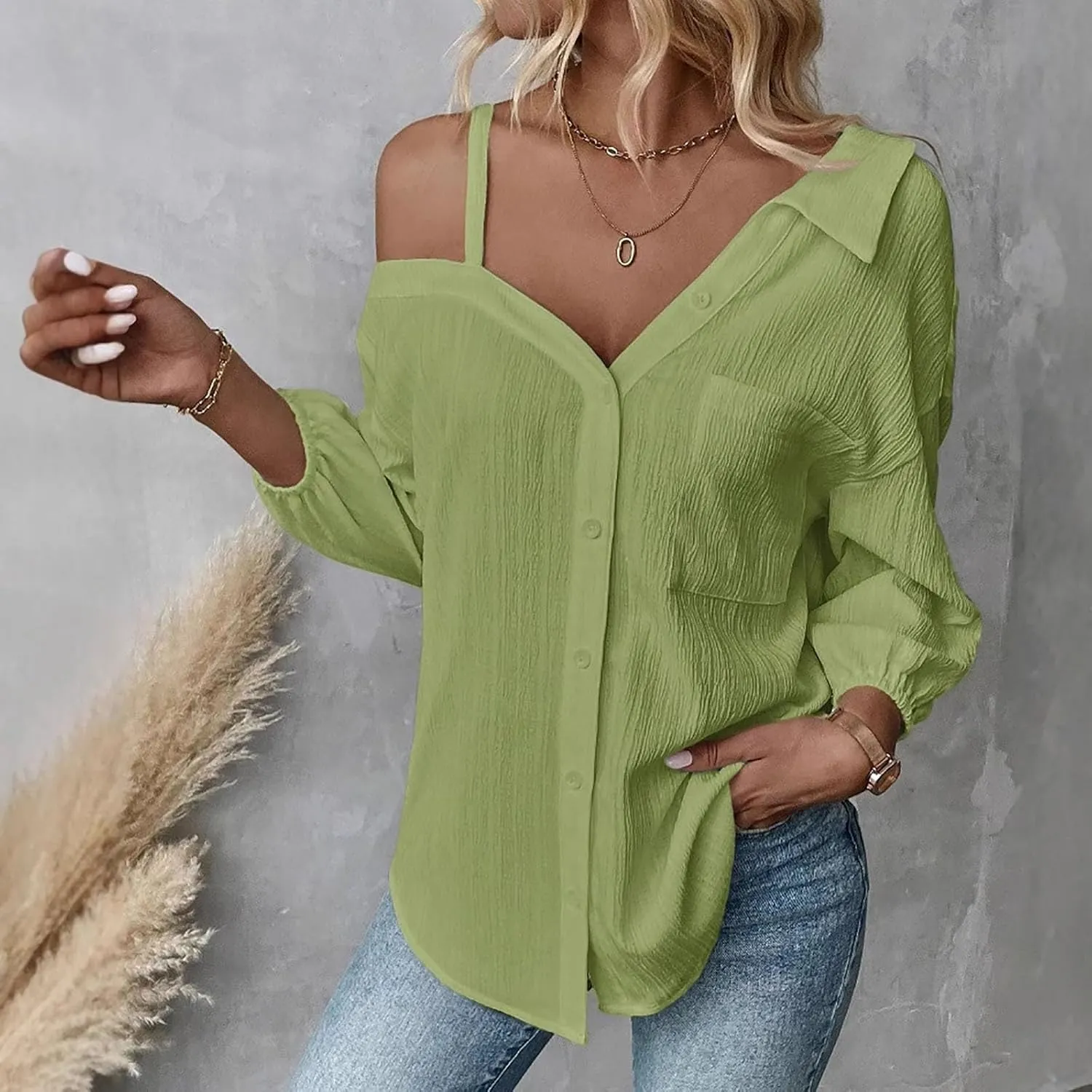 Women's Button Down Shirts Casual Summer Cold Shoulder Blouse Collared 3/4 Sleeve Oversized Tunic Tops with Pockets