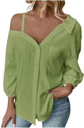 Women's Button Down Shirts Casual Summer Cold Shoulder Blouse Collared 3/4 Sleeve Oversized Tunic Tops with Pockets