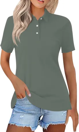 Womens Cotton Polo Shirts Button Golf Collar Short Sleeve Loose Casual Wicking Tops Workout Quick Dry Business Blouses