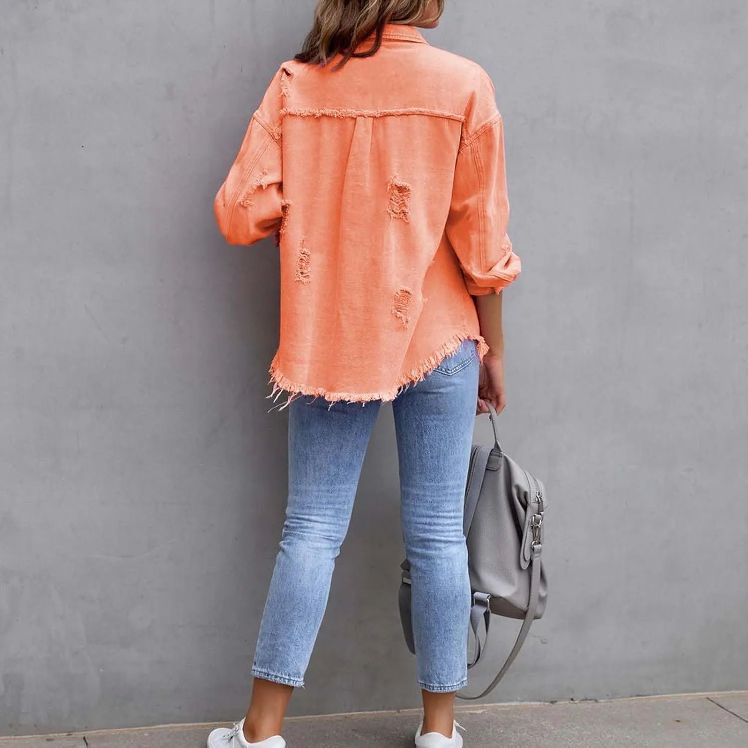 Women's Oversized Denim Jacket Button Up Frayed Hem Shacket Boyfriend Jean Coat Long Sleeve Stretchy Jackets Outfits
