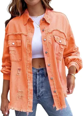 Women's Oversized Denim Jacket Button Up Frayed Hem Shacket Boyfriend Jean Coat Long Sleeve Stretchy Jackets Outfits
