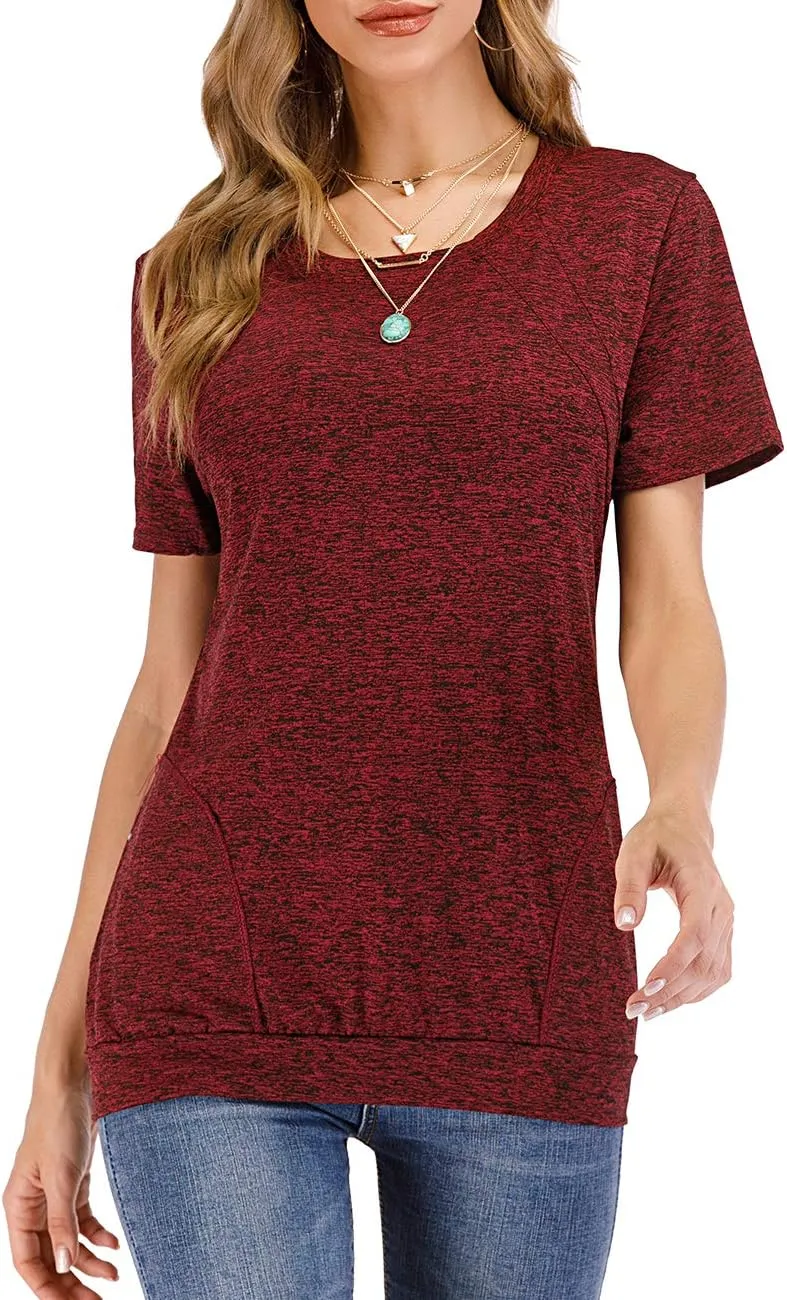 Womens Summer Short Sleeve Round Neck Quick Dry Cool Tunic Tops Loose Gym Workout T-Shirt with Pockets