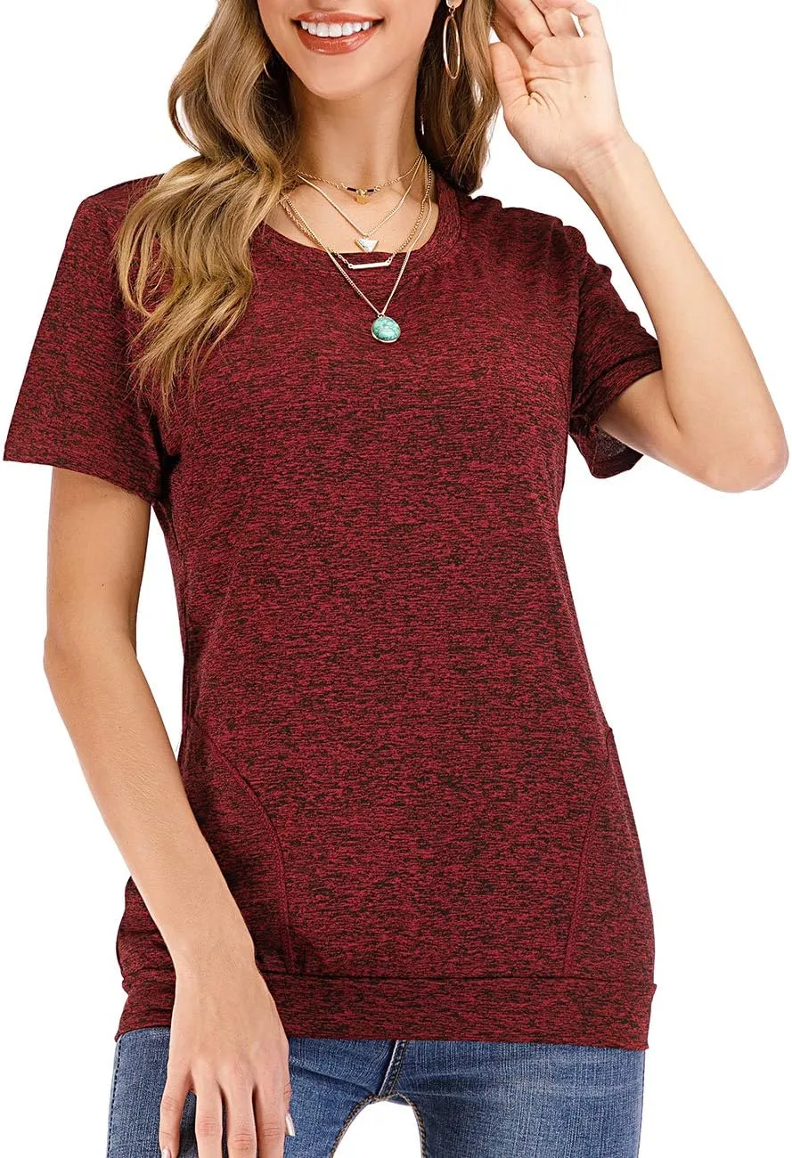 Womens Summer Short Sleeve Round Neck Quick Dry Cool Tunic Tops Loose Gym Workout T-Shirt with Pockets