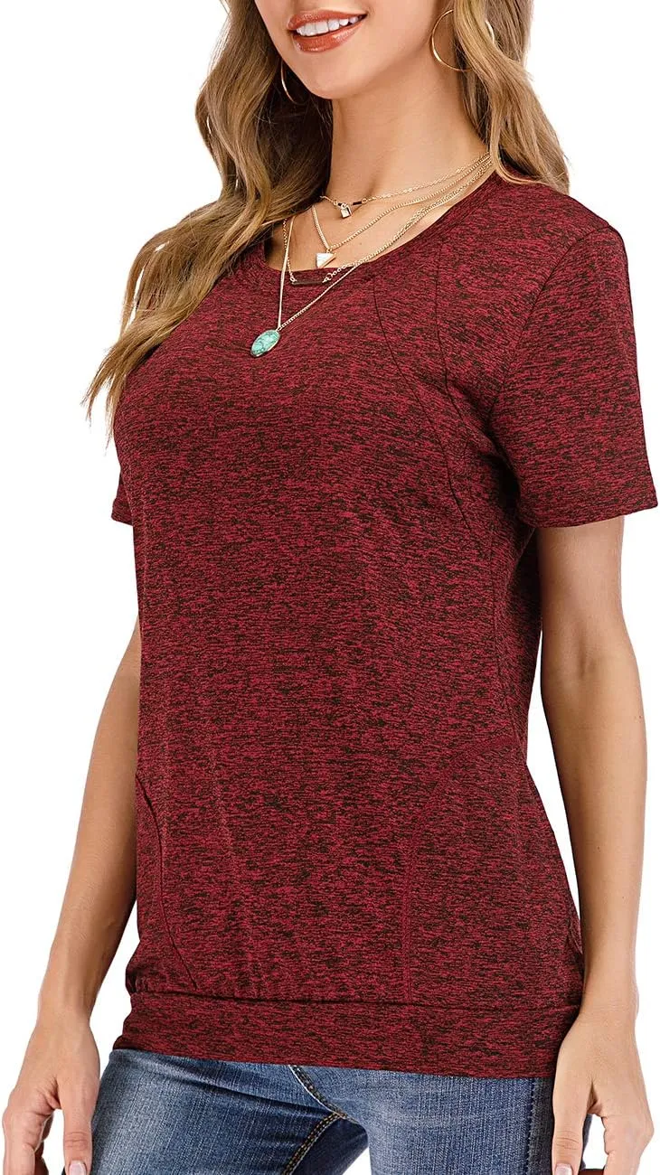 Womens Summer Short Sleeve Round Neck Quick Dry Cool Tunic Tops Loose Gym Workout T-Shirt with Pockets