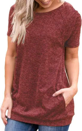 Womens Summer Short Sleeve Round Neck Quick Dry Cool Tunic Tops Loose Gym Workout T-Shirt with Pockets