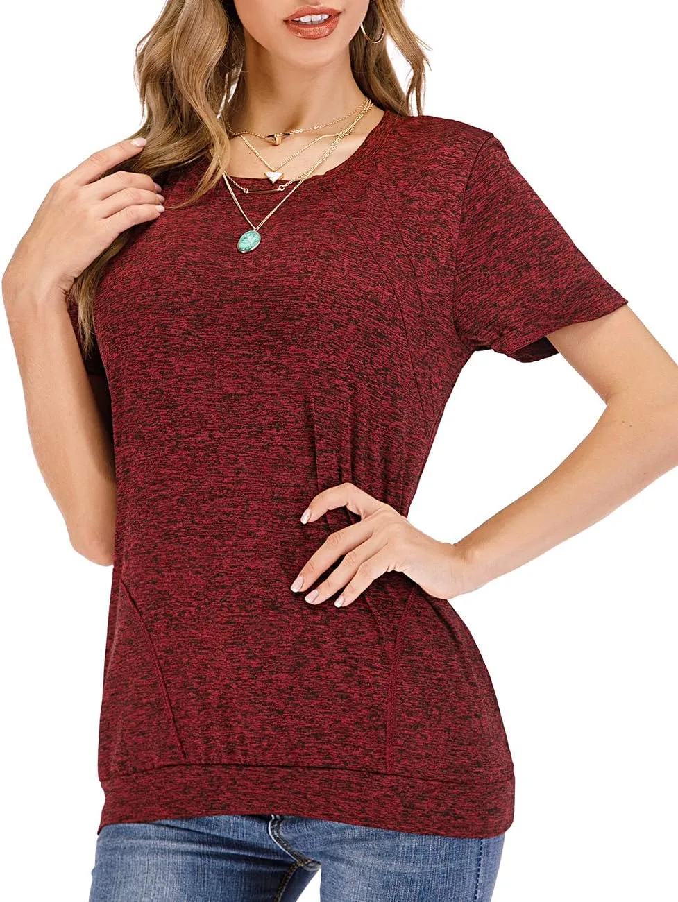 Womens Summer Short Sleeve Round Neck Quick Dry Cool Tunic Tops Loose Gym Workout T-Shirt with Pockets