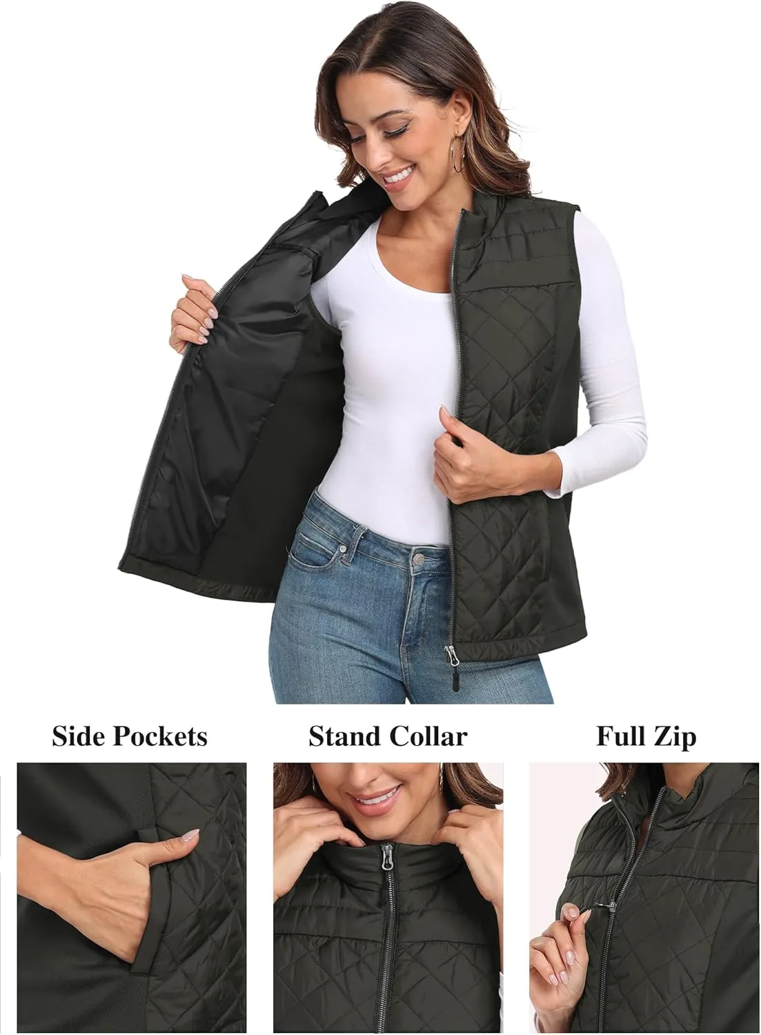 Womens Vest Tops Sleeveless Quilted Outerwear Jackets Stand Collar Zip up Lightweight Vests Fall Outfits HH24074