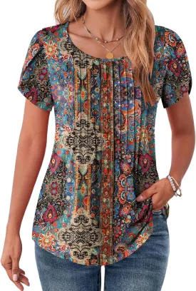 Zeagoo Womens Tops Petal Short Sleeve Summer Casual Crew Neck Shirts Floral Solid Blouse Pleated Tunics