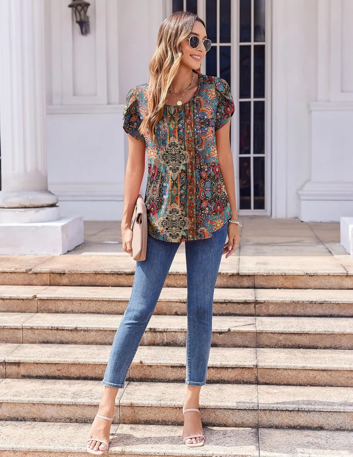 Zeagoo Womens Tops Petal Short Sleeve Summer Casual Crew Neck Shirts Floral Solid Blouse Pleated Tunics