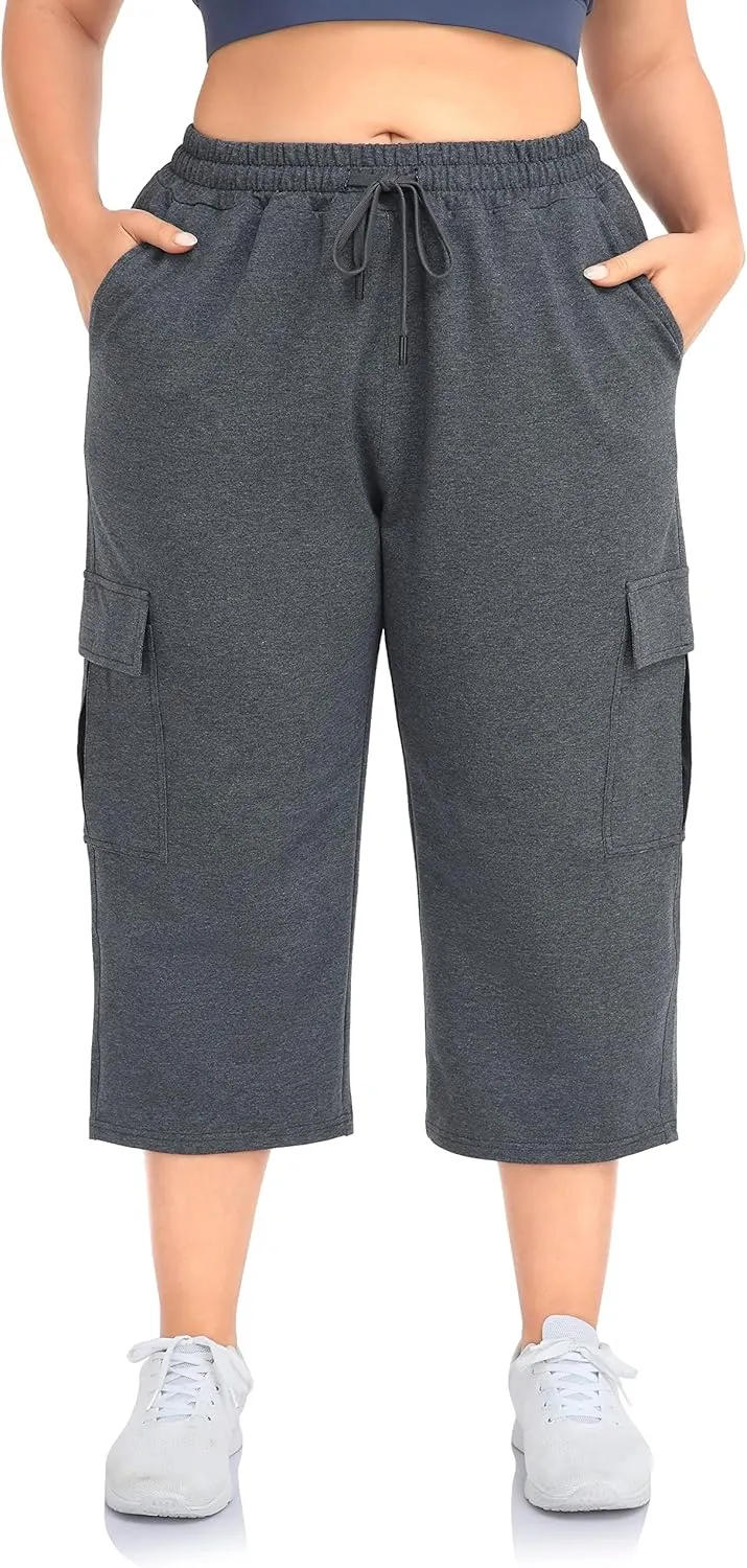 ZERDOCEAN Women's Plus Size Cargo Capri Sweatpants Active Workout Casual Sweat Crop Pants Pockets Drawstring