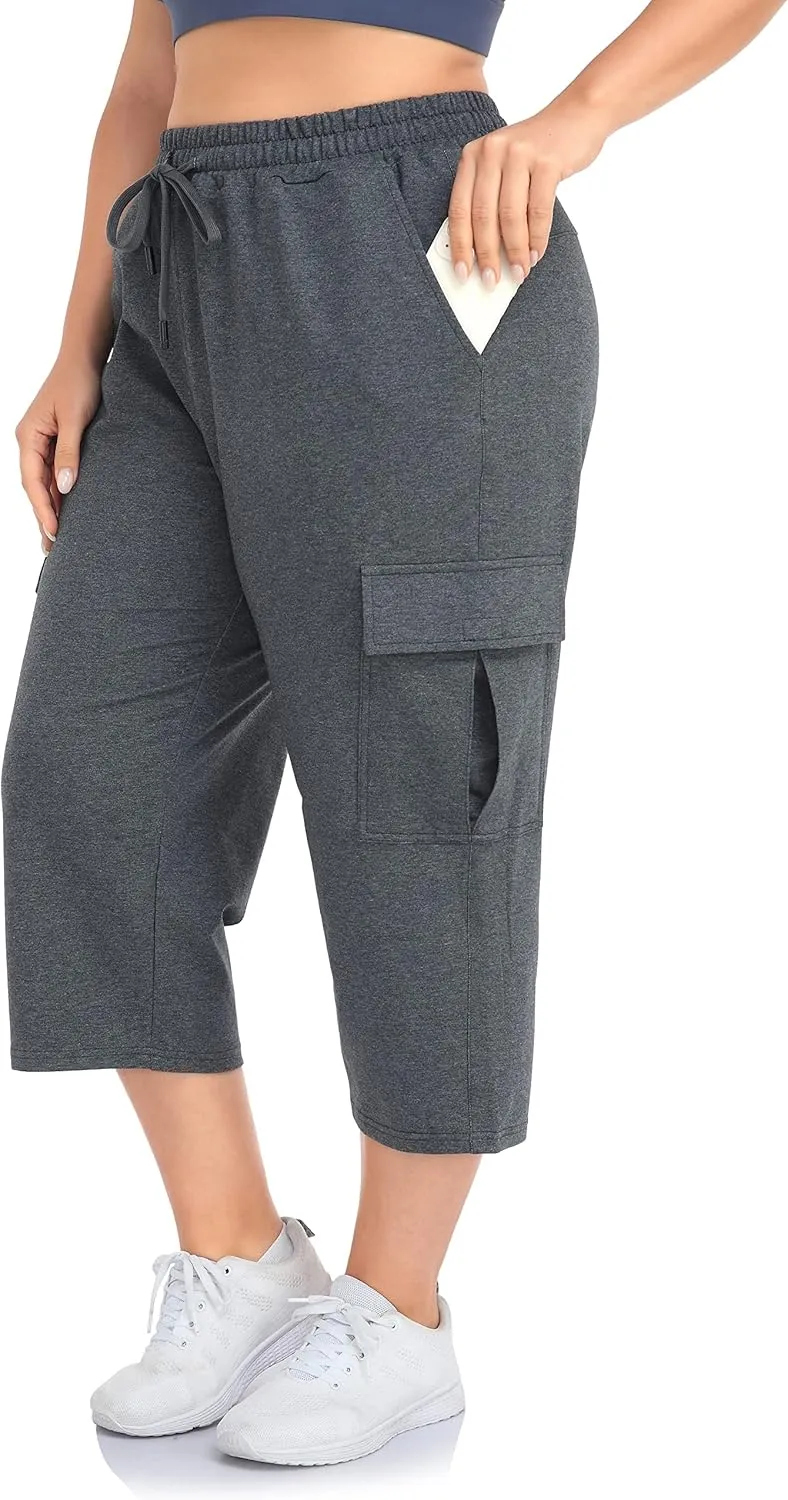ZERDOCEAN Women's Plus Size Cargo Capri Sweatpants Active Workout Casual Sweat Crop Pants Pockets Drawstring
