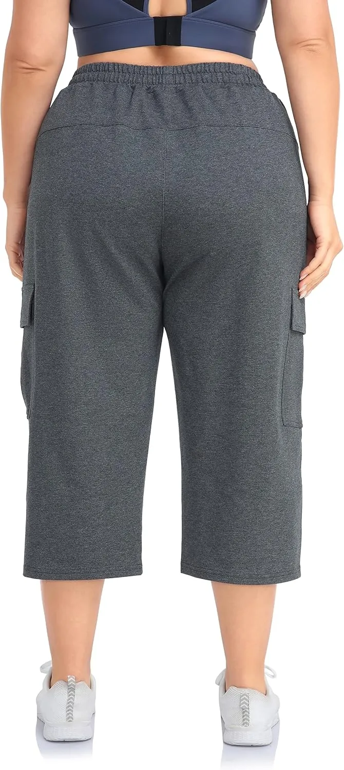 ZERDOCEAN Women's Plus Size Cargo Capri Sweatpants Active Workout Casual Sweat Crop Pants Pockets Drawstring