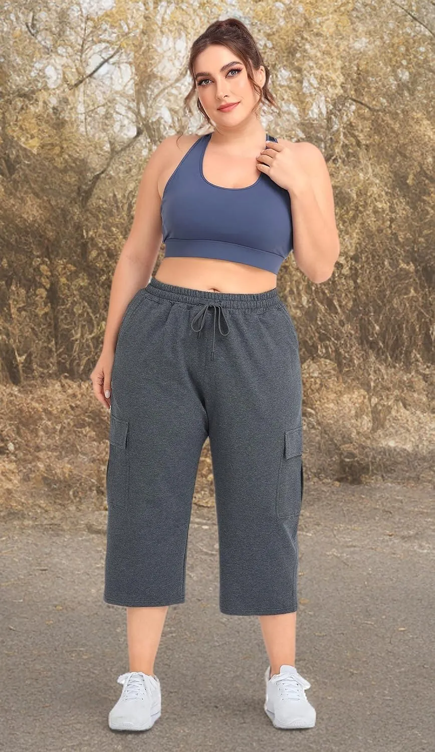 ZERDOCEAN Women's Plus Size Cargo Capri Sweatpants Active Workout Casual Sweat Crop Pants Pockets Drawstring