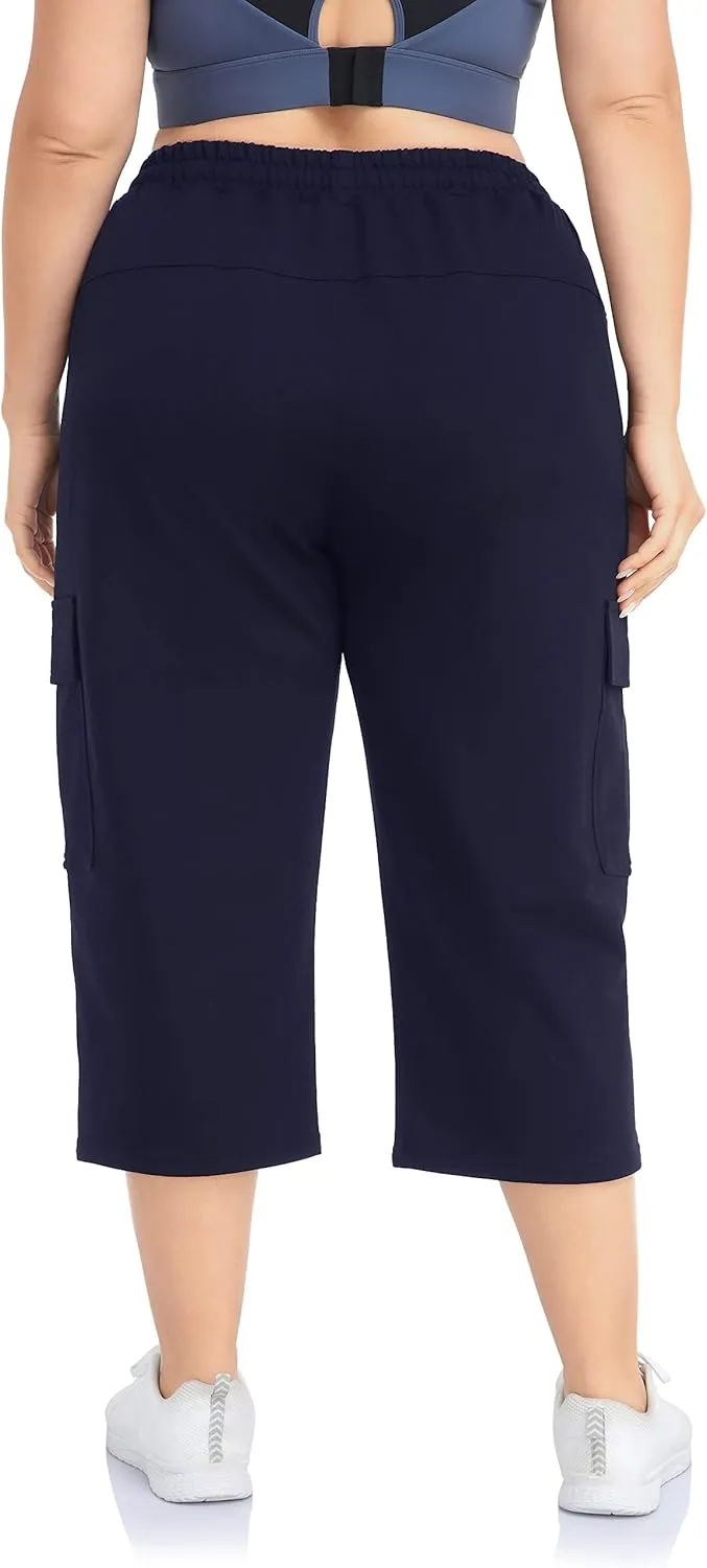 ZERDOCEAN Women's Plus Size Cargo Capri Sweatpants Active Workout Casual Sweat Crop Pants Pockets Drawstring