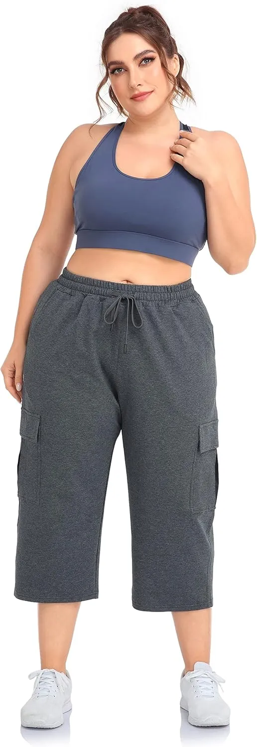 ZERDOCEAN Women's Plus Size Cargo Capri Sweatpants Active Workout Casual Sweat Crop Pants Pockets Drawstring