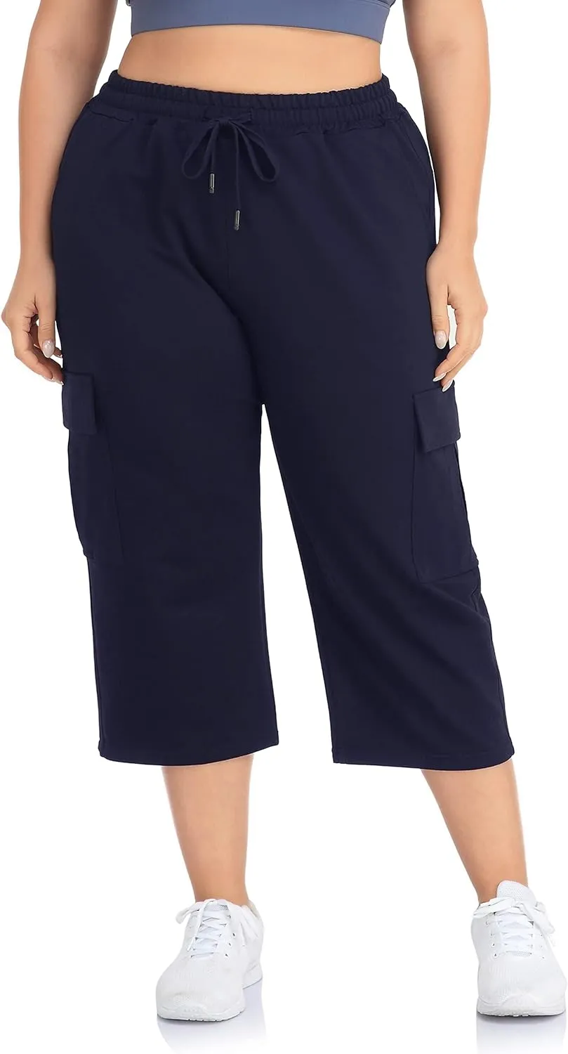 ZERDOCEAN Women's Plus Size Cargo Capri Sweatpants Active Workout Casual Sweat Crop Pants Pockets Drawstring