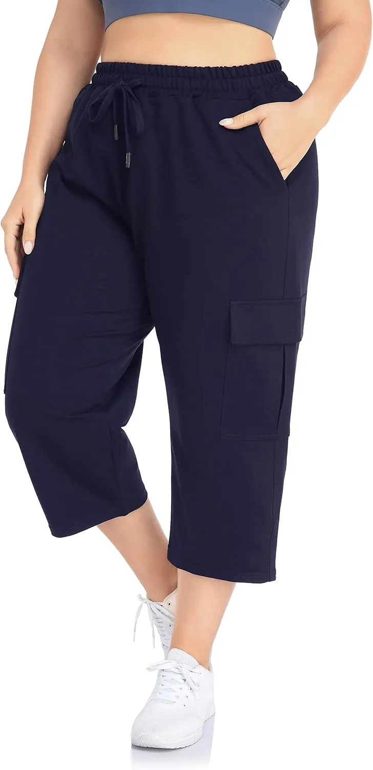 ZERDOCEAN Women's Plus Size Cargo Capri Sweatpants Active Workout Casual Sweat Crop Pants Pockets Drawstring