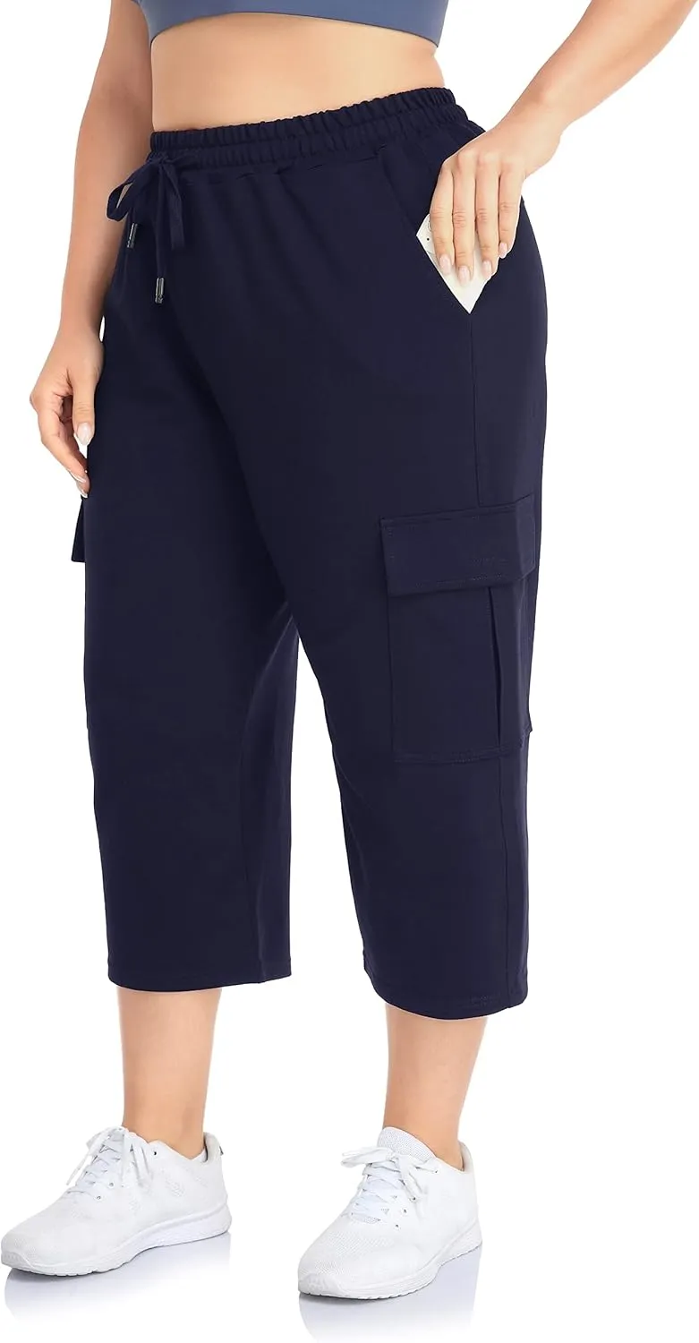 ZERDOCEAN Women's Plus Size Cargo Capri Sweatpants Active Workout Casual Sweat Crop Pants Pockets Drawstring